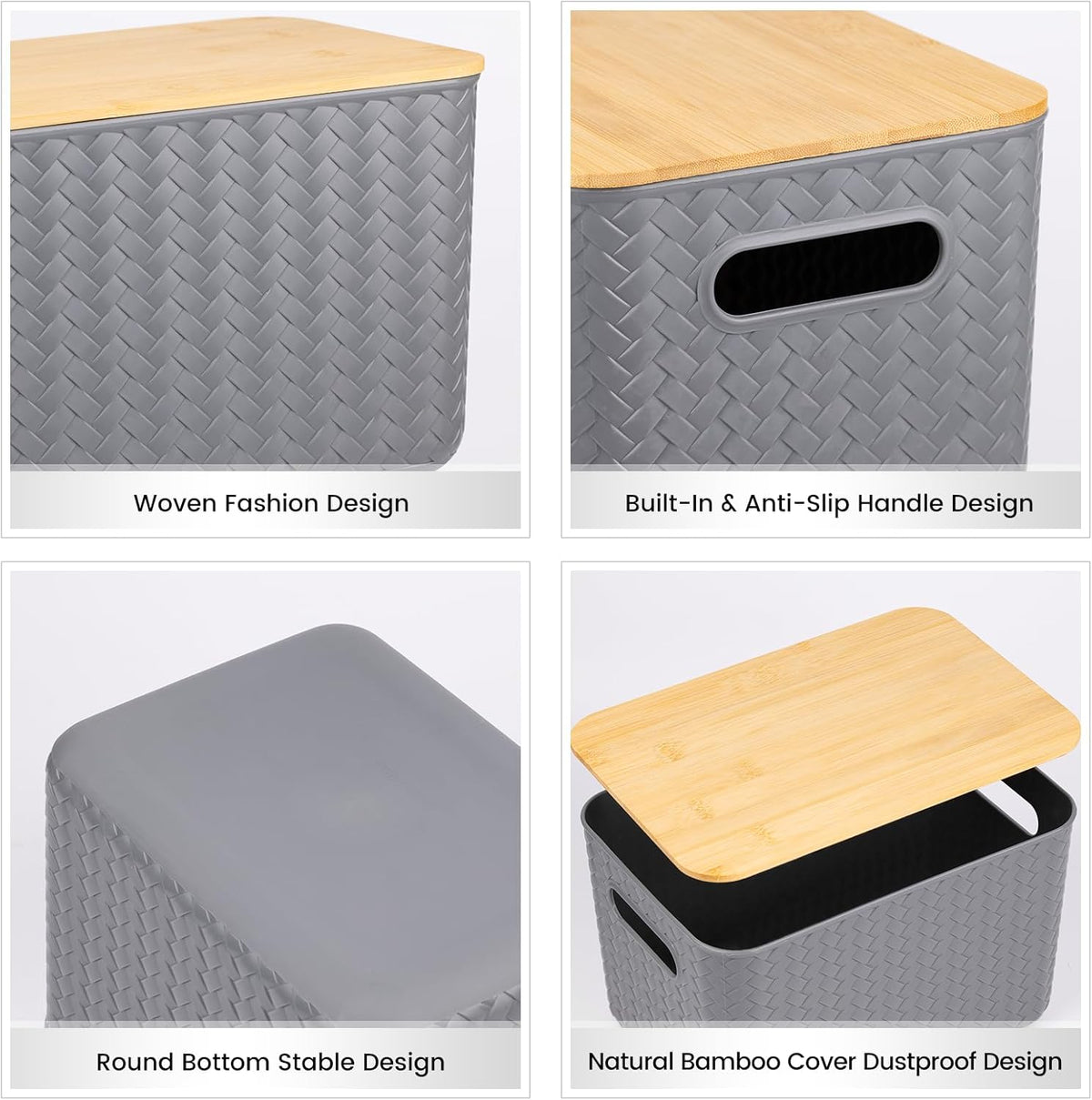Ohmlove 4 Packs Storage Bins with Bamboo Lids - Plastic Storage Containers with Lids Stackable Storage Box：Storages Baskets for Organizing Desktop Closet Playroom Classroom Office,White