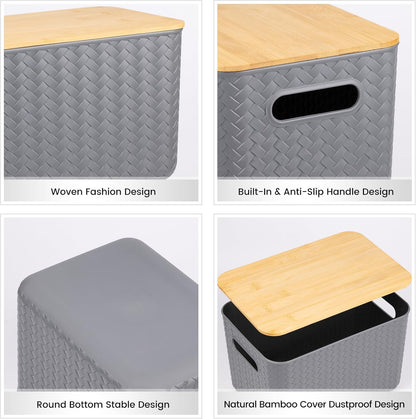 Ohmlove 4 Packs Storage Bins with Bamboo Lids - Plastic Storage Containers with Lids Stackable Storage Box：Storages Baskets for Organizing Desktop Closet Playroom Classroom Office,White