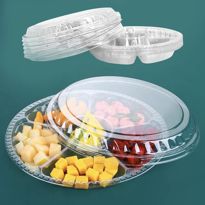 12Pcs Disposable Fruit Trays, Round Plastic Appetizer Serving Tray with Lid 5 Compartment Party Platters Divided Food Dip Containers for Snack Vegetable Salad Veggie Fruit Organizer-Black
