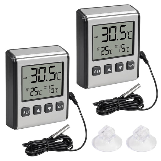 ACEIRMC 2pcs Fridge Refrigerator Thermometer Freezer Thermometer high and Low Temperature Alarm Extra Sensor Big LCD Stainless Panel