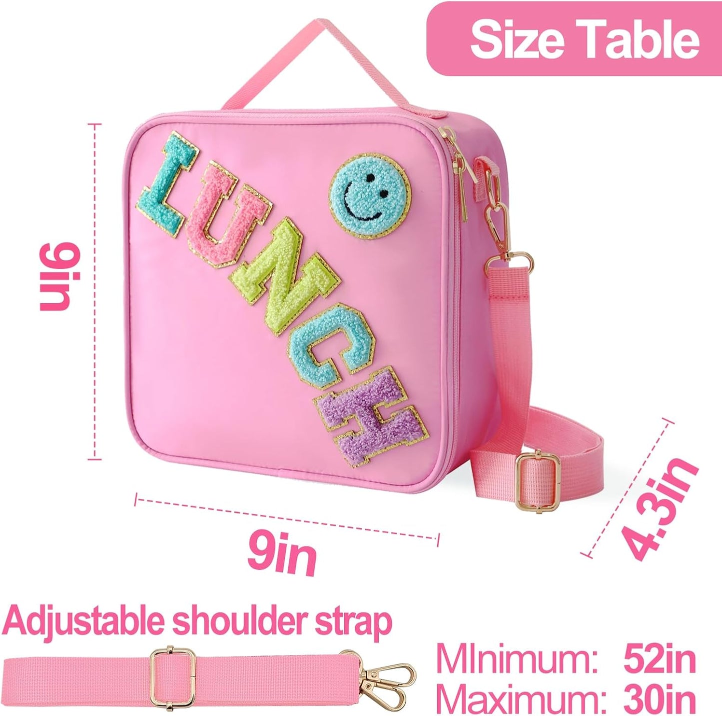 Insulated Lunch Bag With Adjustable Shoulder Strap, Nylon Preppy Lunch Box Large Insulated Lunch Bag Reusable Lunch Tote Bag with Smiley Preppy LunchBag for Girls School Travel Picnic (Green)