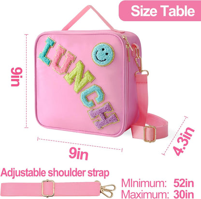 Insulated Lunch Bag With Adjustable Shoulder Strap, Nylon Preppy Lunch Box Large Insulated Lunch Bag Reusable Lunch Tote Bag with Smiley Preppy LunchBag for Girls School Travel Picnic (Green)