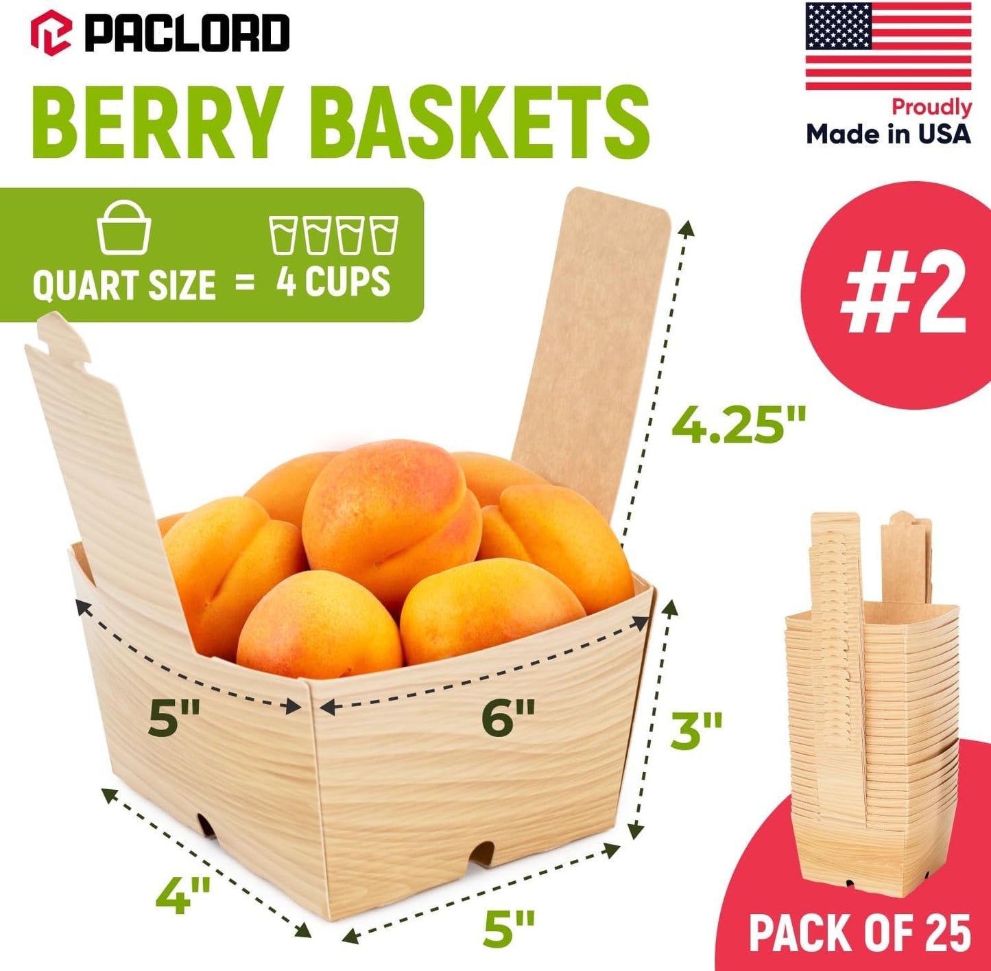 USA-Made Quart-Size Berry Baskets with Handles, Pack of 25 - 2 lbs Capacity Produce Basket for Fruits, Berries & Veggies - Premium Berry Container for Farmers Markets or Product Displays