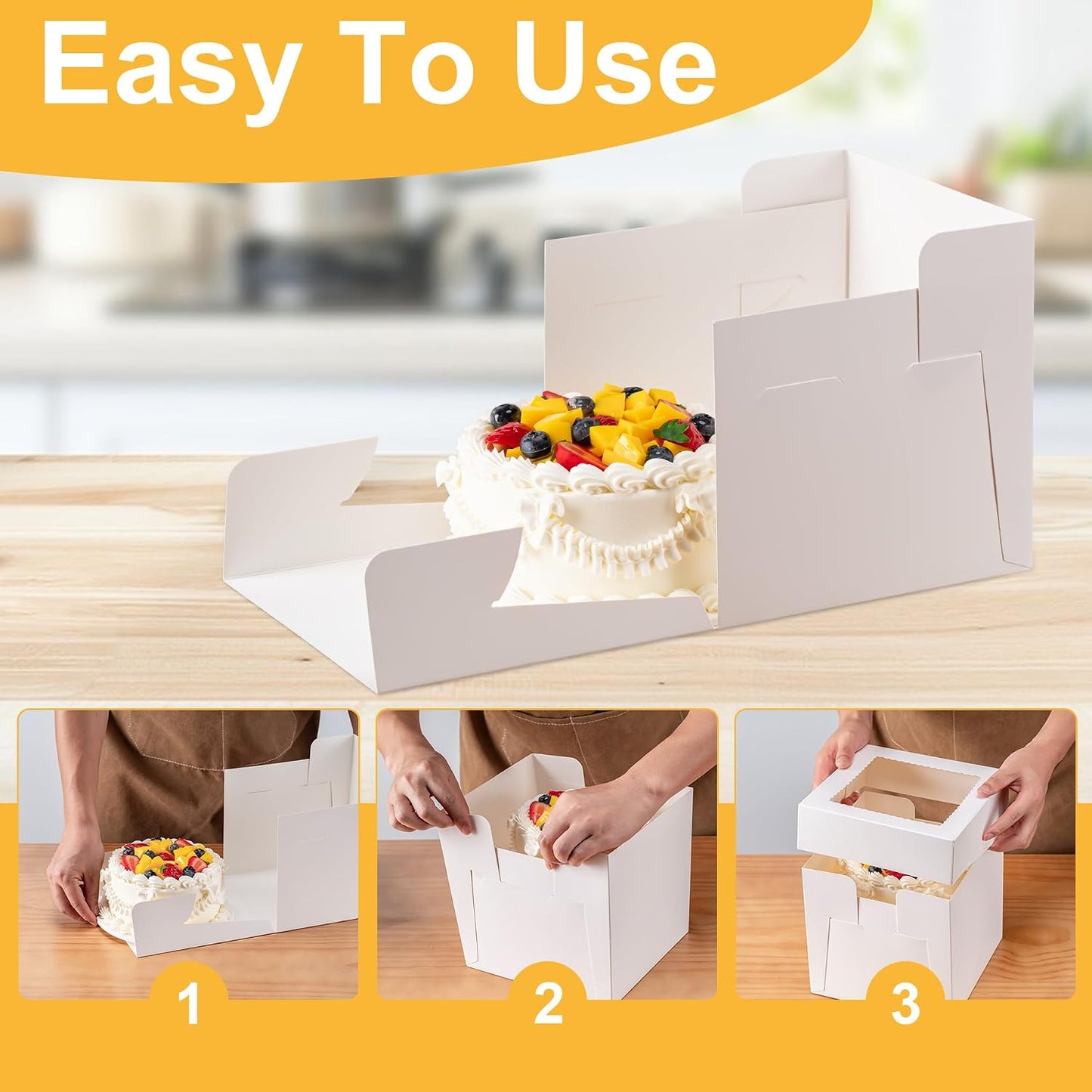 3 Pack Cake Boxes 10 Inch, 10x10x8 Inches Tall Cake Large Box, Disposable Cakes Transport Containers with Lids, Bakery Boxes with Large Window, for Cookies Pies Cupcakes Pastry-Wedding,Birthday, Party