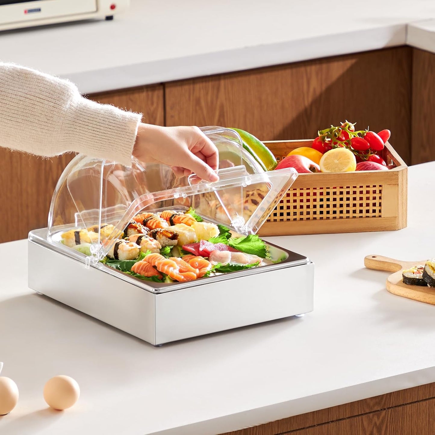 VEVOR Chilled Condiment Server Caddy, 5 Compartment Ice Cooled Serving Container, Plastic Fruit Garnish Tray Platter with Lid, for Taco Salad Bar Accessories, Party Home Restaurant Supplies