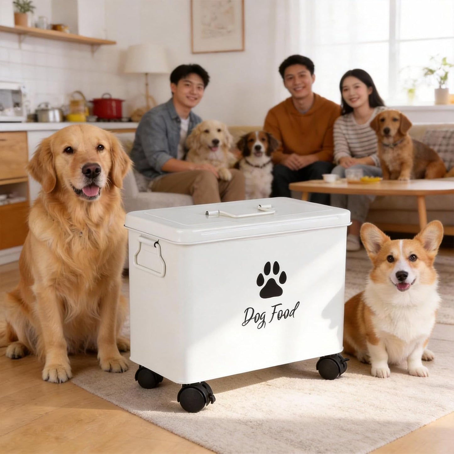 Dog Food Container 13lb, Cute Airtight Pet Food Storage Containers with Metal Lid Scoop, Black Metal Storage Bin for Dog/Cat with Wheels,Easy to Move