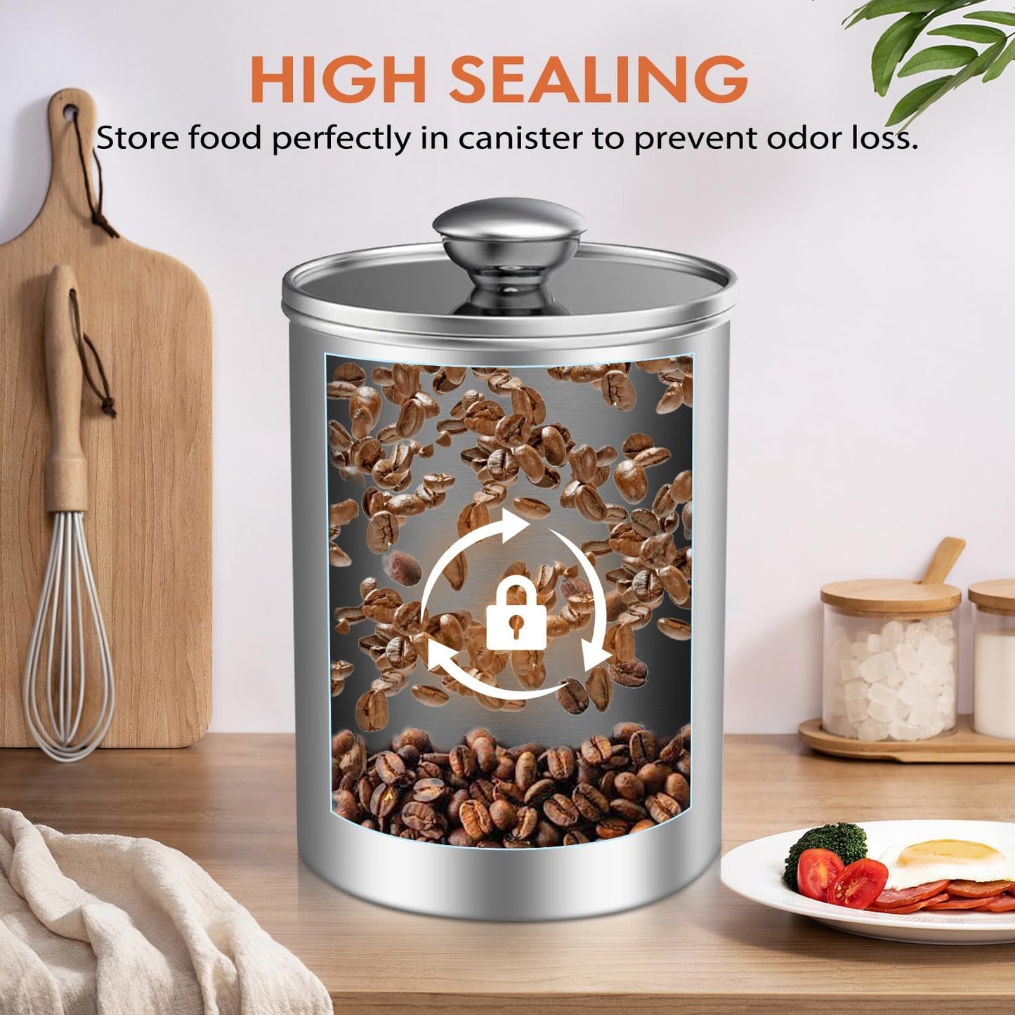 ENLOY 165oz Stainless Steel Airtight Canister for Kitchen, Large Flour Coffee Bean Tea Cereal Sugar Cookie Metal Food Storage Canisters with Clear Lid and Sturdy Locking Clamp (7.7 * 7.7 * 8.4in)