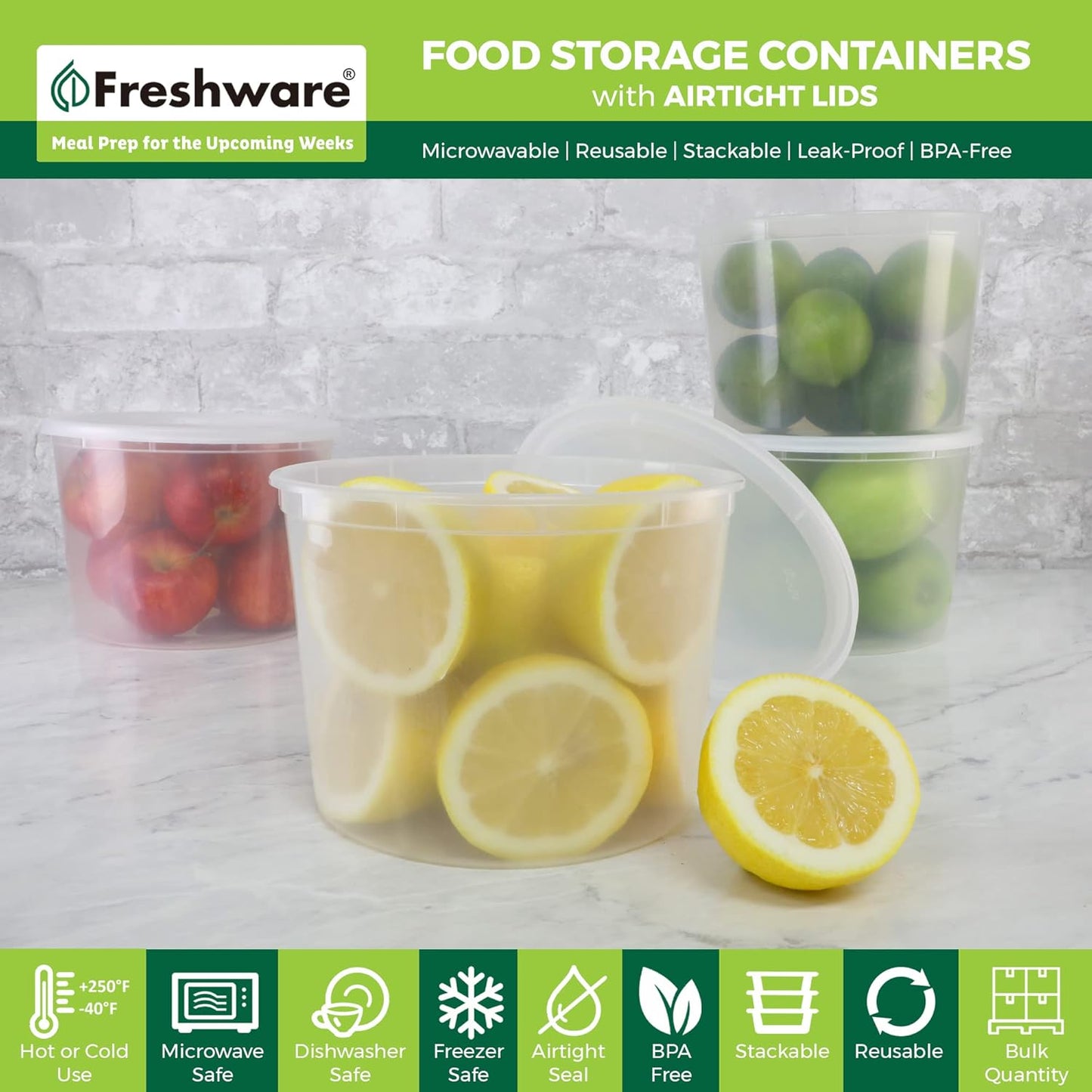 Freshware Food Storage Containers [24 Set] 32 oz Plastic Deli Containers with Lids, Slime, Soup, Meal Prep Containers, BPA Free, Stackable, Leakproof, Dishwasher and Freezer Safe, Translucent