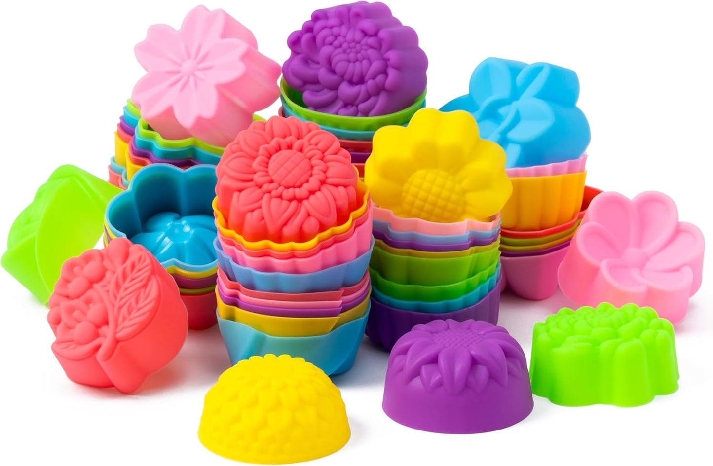 R HORSE Mini Silicone Cupcake Liners Molds - 60Pcs 2 Inch Muticolor Floral Shaped Baking Cups, Reusable Non-Stick Cupcake Wrappers Muffin Baking Liners for Oven Microwave Dishwasher Safe