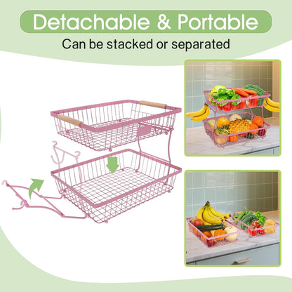Fruit Basket Bowl 2 Tier Detachable with 2 Banana Hangers, Fruit Stand Holder for Kitchen Countertop, Metal Wire Vegetable Storage Organizer, for Bread Snack Veggies Produce, Black