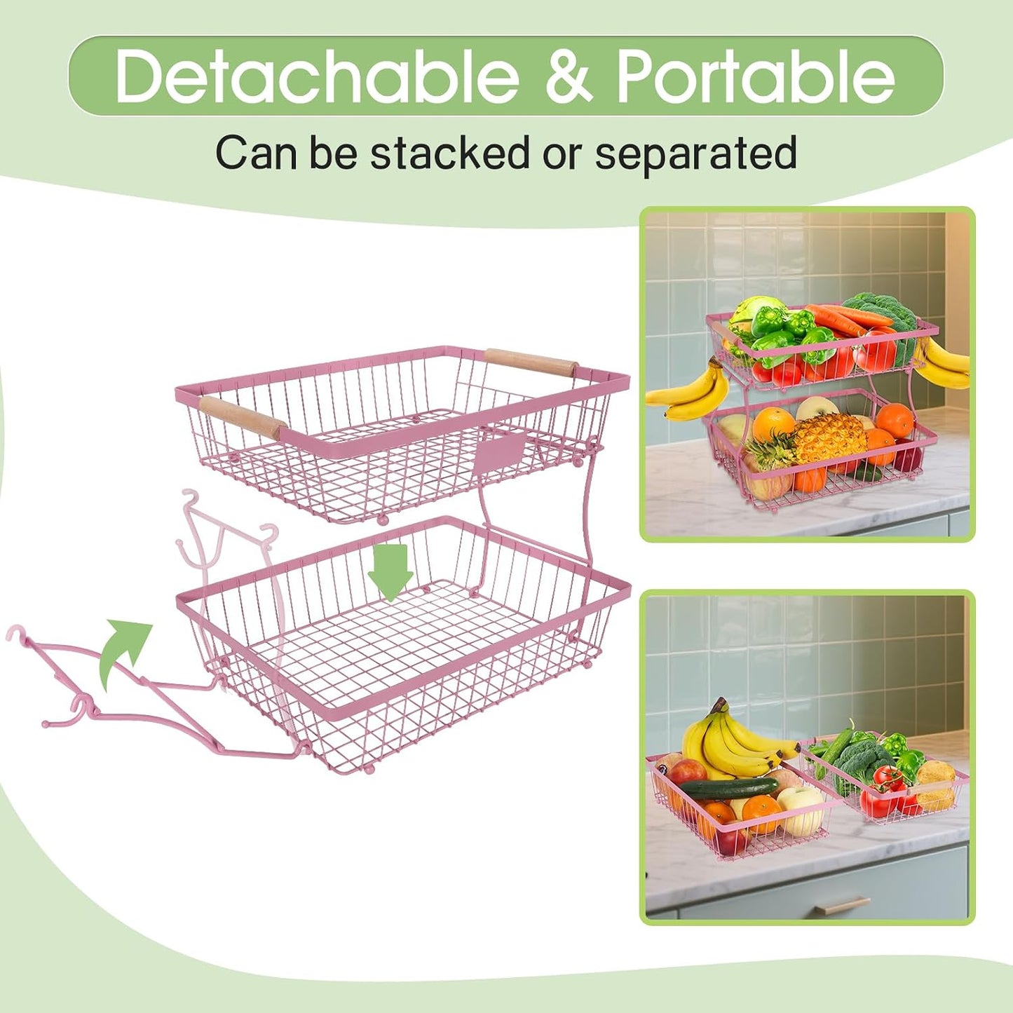 Fruit Basket Bowl 2 Tier Detachable with 2 Banana Hangers, Fruit Stand Holder for Kitchen Countertop, Metal Wire Vegetable Storage Organizer, for Bread Snack Veggies Produce, Black