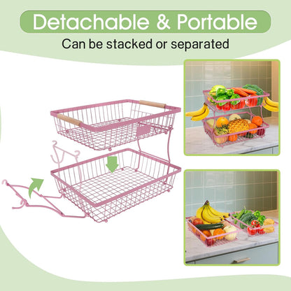 Fruit Basket Bowl 2 Tier Detachable with 2 Banana Hangers, Fruit Stand Holder for Kitchen Countertop, Metal Wire Vegetable Storage Organizer, for Bread Snack Veggies Produce, Black