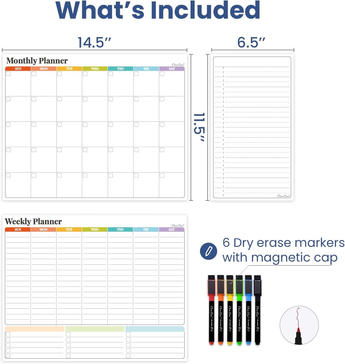 Non-Magnetic Dry Erase Calendar Set for Fridge - Reusable Monthly and Weekly Calendar Sticks to Most Smooth Surfaces - 6 Dry Erase Markers Included - Shipped Flat