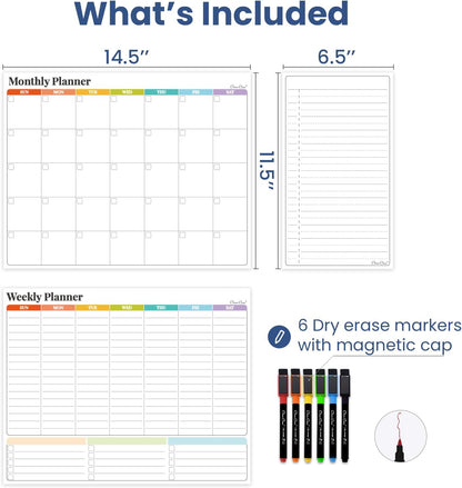 Non-Magnetic Dry Erase Calendar Set for Fridge - Reusable Monthly and Weekly Calendar Sticks to Most Smooth Surfaces - 6 Dry Erase Markers Included - Shipped Flat