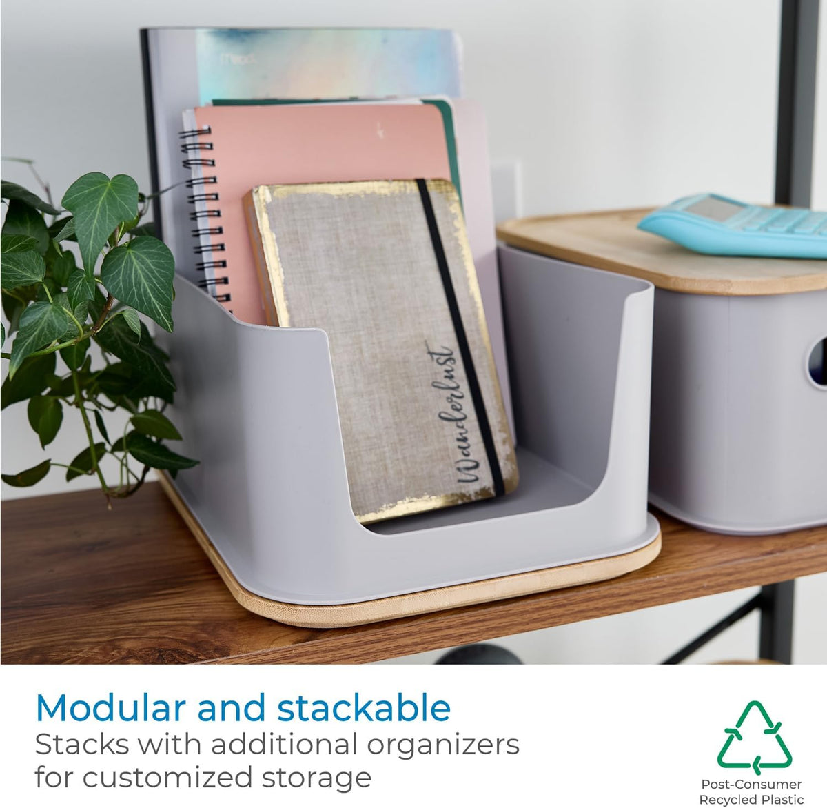 iDesign Recycled Plastic 11.9" Medium Open Front Storage Bin with Handle and Bamboo Lid, BPA-Free, Porpoise