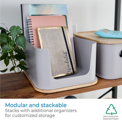 iDesign Recycled Plastic 11.9" Medium Open Front Storage Bin with Handle and Bamboo Lid, BPA-Free, Porpoise