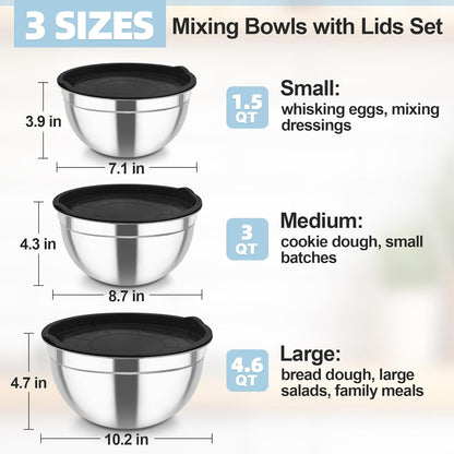 TeamFar Mixing Bowls, Stainless Steel Nesting Salad Bowls with Airtight Lids Set, For Serving/Mixing/Storing, Healthy & Long-lasting, Dishwasher Safe & Easy Clean, 4.6/3 / 1.5 QT, Colorful