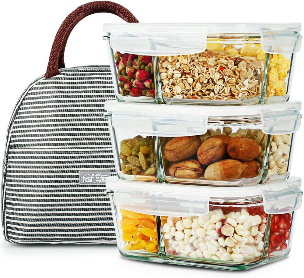 DAS TRUST 3 Pack Bento Box Glass Meal Prep Containers - 3 Compartment Glass Food Storage Containers with Lids - Lunch Box Meal Prep Bowls - Oven Safe