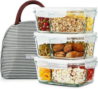DAS TRUST 3 Pack Bento Box Glass Meal Prep Containers - 3 Compartment Glass Food Storage Containers with Lids - Lunch Box Meal Prep Bowls - Oven Safe