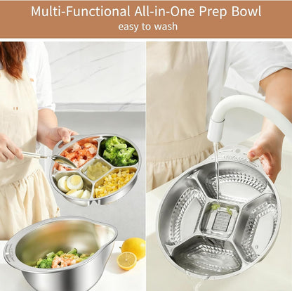 Rice Washer Strainer Bowl with Grater, Multipurse Stainless Steel Rice Colander with Side Drainer for Cleaning Quinoa, Fruits, Vegetables, Bean Versatile Kitchen Tool