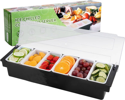 WICHEMI Fruit, Veggie & Condiment Caddy with Lid Dispenser Tray Plastic Garnish Station for Bartending & Serving Taco, Ice Cream, Salad Bar - Topping Organizer for Restaurant Supplies (3 Compartment)