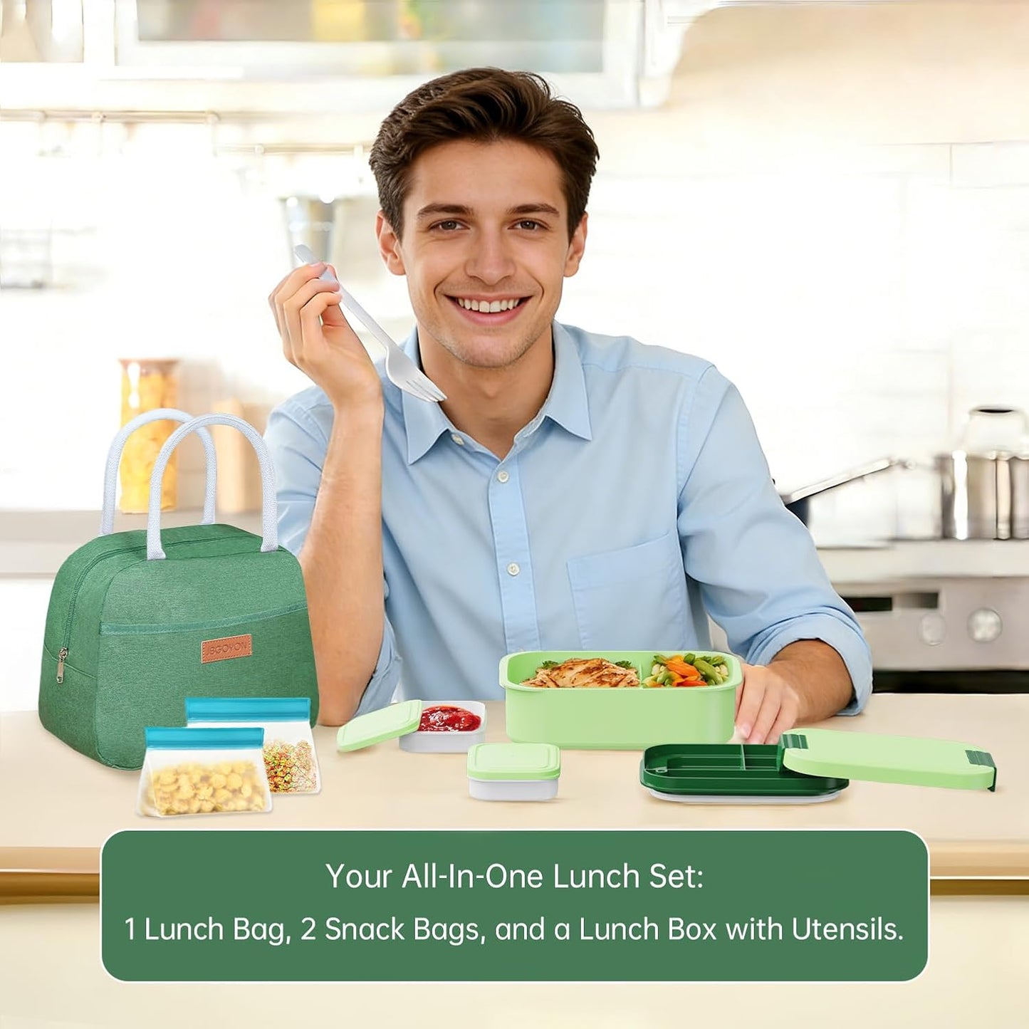 JBGOYON Bento Box and Lunch Bag Set, Leak-Proof Lunch Box for Adults and Kids with Built-in Utensils, Insulated for Work School Travel, Microwave & Dishwasher Safe, All-in-One (Purple)