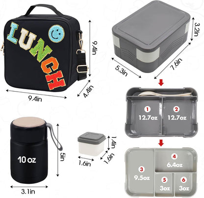 Insulated Lunch Bag for Boys Girls with 10oz Thermo, with 6 Compartment Bento Box, Black Nylon Preppy Lunch Box Adjustable Strap for Boy Girl Kids Teens School Travel Picnic