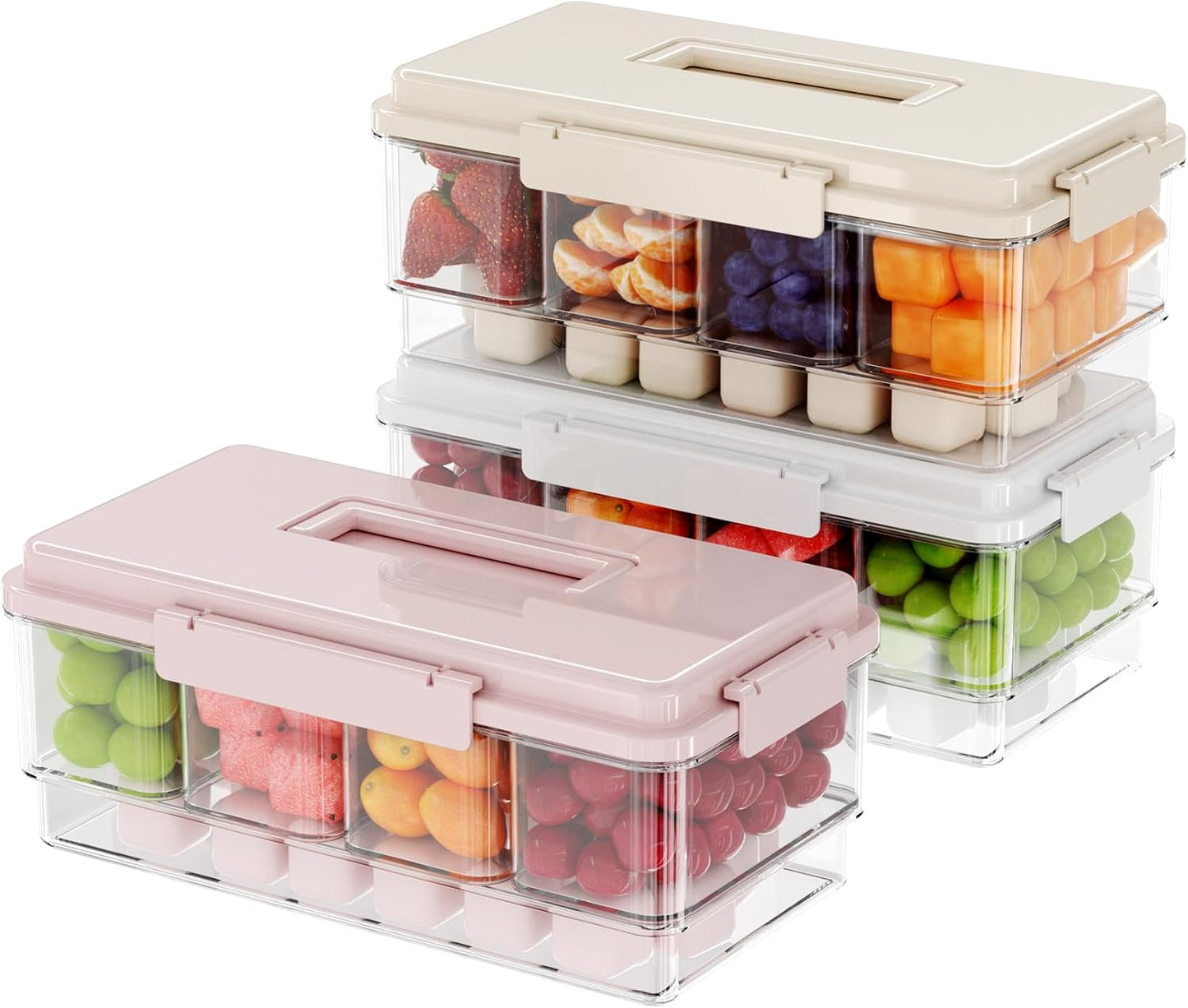 2Pack Chilled Condiment Caddy with 4 Containers 4 Lids Fruit Serving Tray Platter with Handle Portable Snackle Box Organizer Server with Ice Pack for Mimosa Bar Supplies,Salad,Taco,Party Garnish,Beige