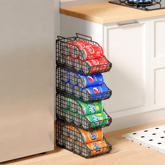Sonyabecca 4-Pack Stackable Canned Food Organizer with Handles, Soda Can Organizer for Kitchen Pantry Shelves, Foldable Wire Cabinet Shelf for Can Storage, Patent Pending, Black
