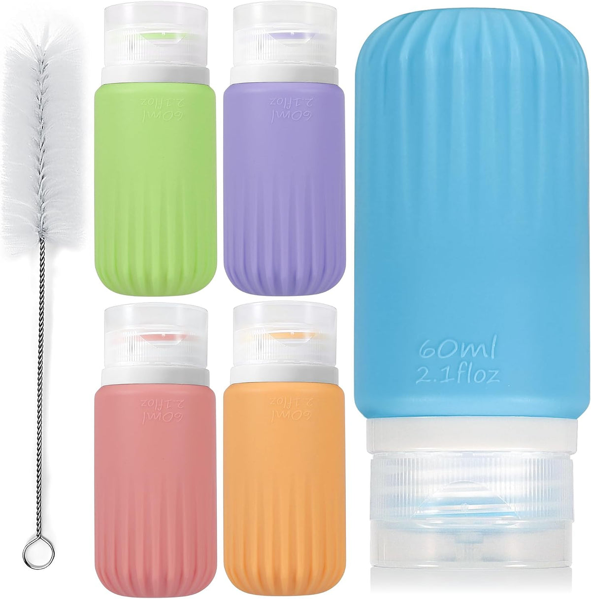 5Pcs Condiment Squeeze Bottles, 2 OZ Salad Dressing Container To Go, BPA-Free Dressing Bottle (with Cleaning Brush & Spice Labels), Leakproof Sauce Containers for Lunch Box, Travel Size Squeeze Bottle