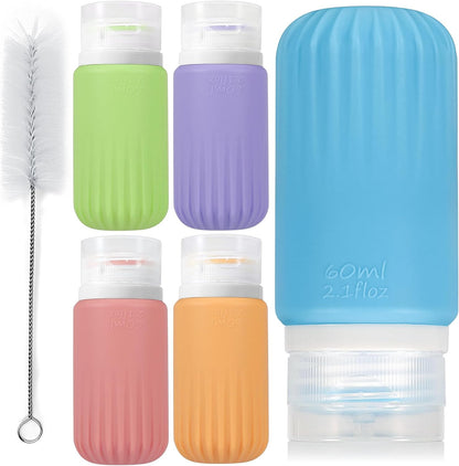 5Pcs Condiment Squeeze Bottles, 2 OZ Salad Dressing Container To Go, BPA-Free Dressing Bottle (with Cleaning Brush & Spice Labels), Leakproof Sauce Containers for Lunch Box, Travel Size Squeeze Bottle