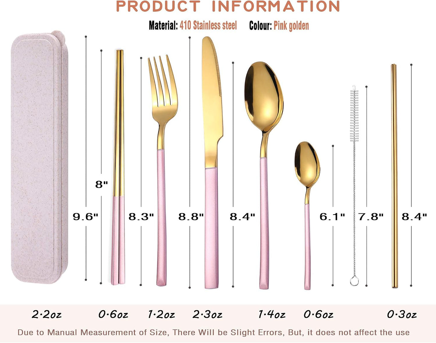 AARAINBOW 7 Pieces Stainless Steel Flatware Set Portable Reusable Cutlery Set Travel Utensils Set Including Chopsticks Knife Fork Spoon Straws Cleaning Brush Dishwasher Safe (Pink Golden)
