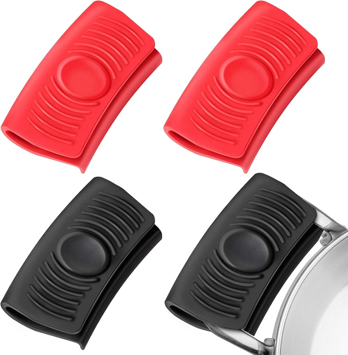 Patelai 4 Pcs Silicone Assist Hot Pan Handle Holder Hot Skillet Handle Covers Nonslip Heat Resistant Pot Grip Sleeves for Cast Iron Skillets Frying Pans Griddles Cookware(Red and Black)