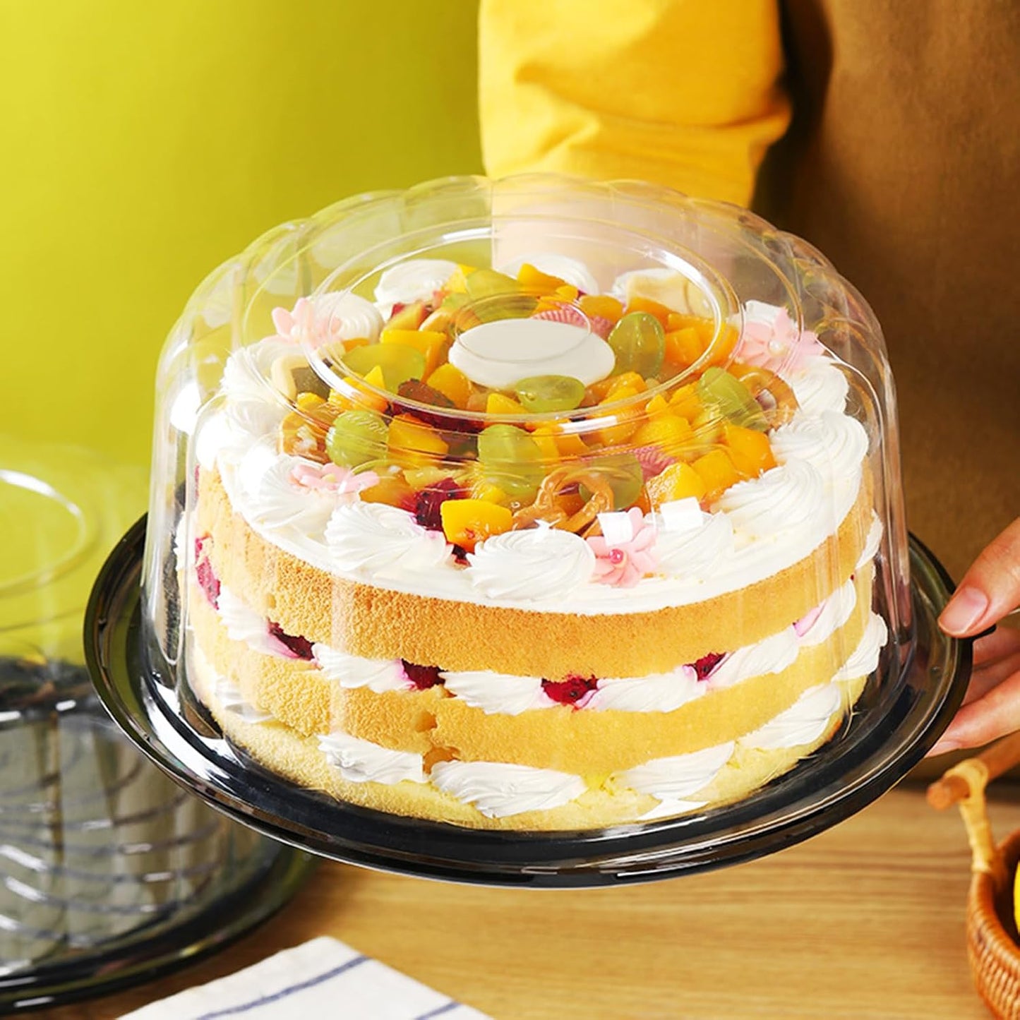 5pcs Round Cake Carriers for Transport Plastic Disposable Cake Containers Carriers with Dome Lids and Cake Boards Clear Bundt Cake Boxes (10inch)