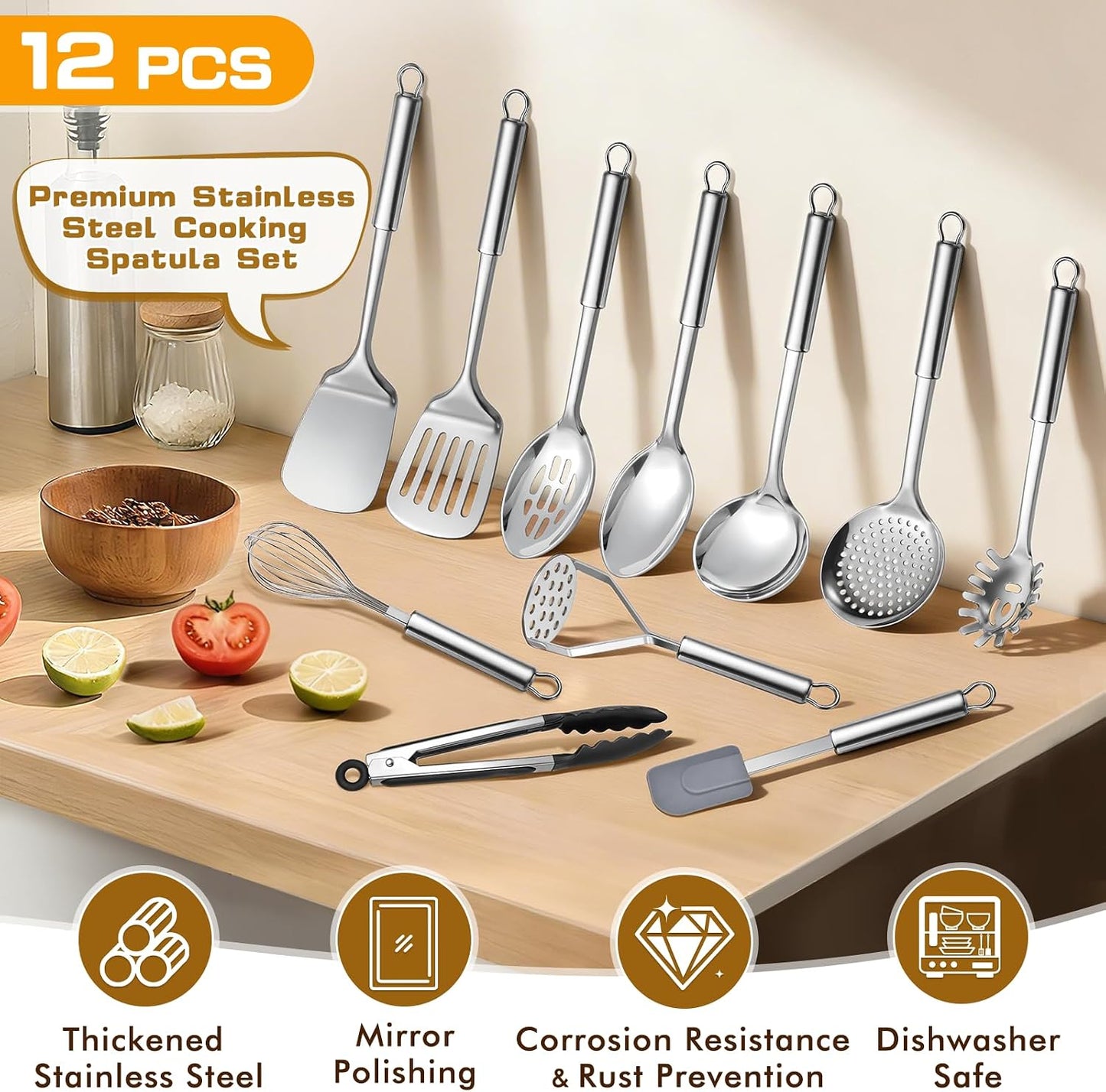 9 Pcs Cooking Utensils Set, Stainless Steel Kitchen Utensils, Heat Resistant Metal Kitchen Tools Include Solid & Slotted Spatula, Serving Spoon, Ladle, Pasta Server,Potato Maseher, Egg Whisk, Silver