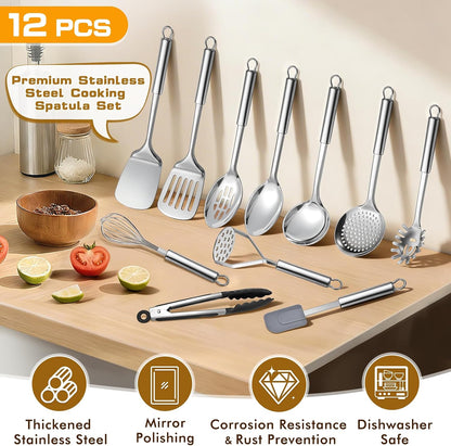 9 Pcs Cooking Utensils Set, Stainless Steel Kitchen Utensils, Heat Resistant Metal Kitchen Tools Include Solid & Slotted Spatula, Serving Spoon, Ladle, Pasta Server,Potato Maseher, Egg Whisk, Silver