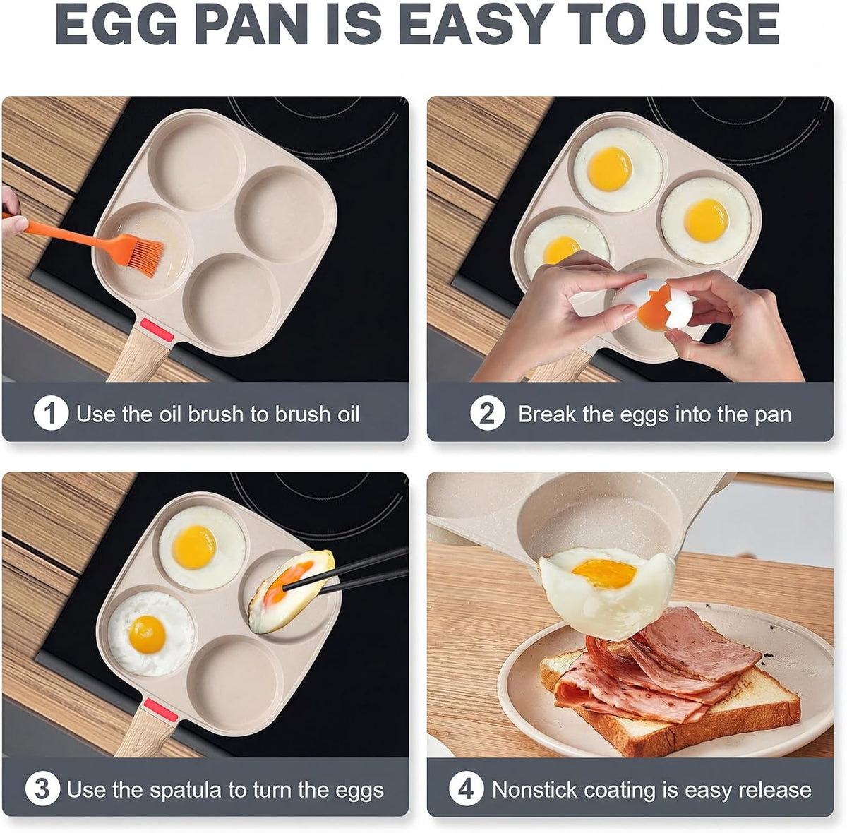 Ywmoml 4‑Cup Nonstick Egg Pan Set with Lid, Includes Silicone Scraper, Oil Brush, Chopsticks & Cleaning Cloth – Compatible with Gas & Induction Cooktops