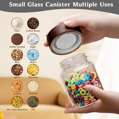 6 pc Glass Spice jars Glass Jars with Screw Lid 5 oz Acacia Wood Glass Herb Sugar Coffee Bean Ground Container Food Storage Canister for Candy Pantry Tea Seasoning Meal Prep Snack (6*150ml(5oz))