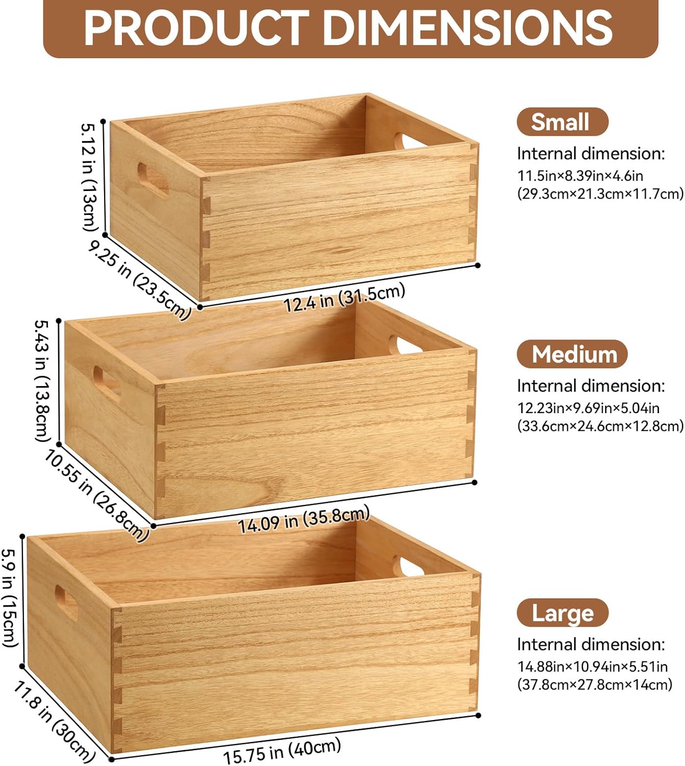 KIRIGEN Nesting Wood Crates with Handles, Set of 3 Storage Boxes Natural | 3 Different Size Decorative Box Organizer for Towels, Books, Crafts Fully Assembled
