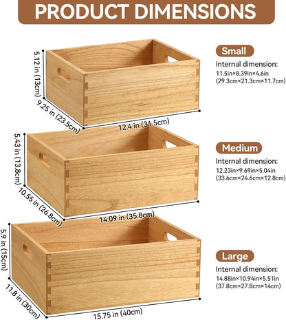KIRIGEN Nesting Wood Crates with Handles, Set of 3 Storage Boxes Natural | 3 Different Size Decorative Box Organizer for Towels, Books, Crafts Fully Assembled
