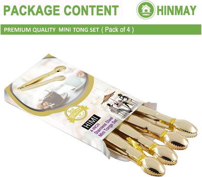 HINMAY Mini Appetizer Tongs 5.75" Stainless Steel Tongs, Set of 4 (Gold)