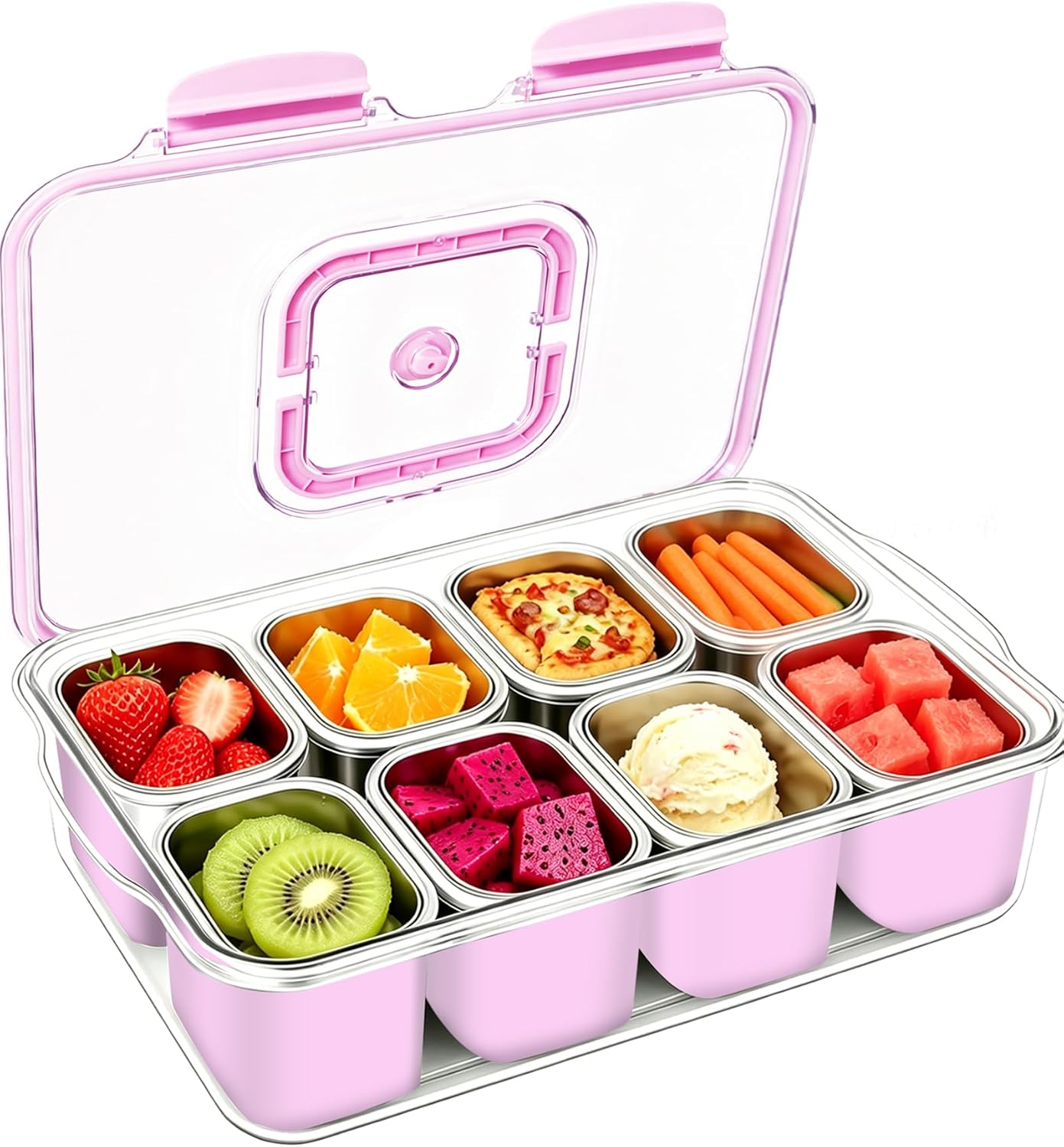 Snackle Box Container, Stainless Steel Divided Serving Tray with Lid and Handle, Large Snack Tray for Fruit Veggie Candy, 8-Compartment Snack Platter for Travel Party Beach Picnic