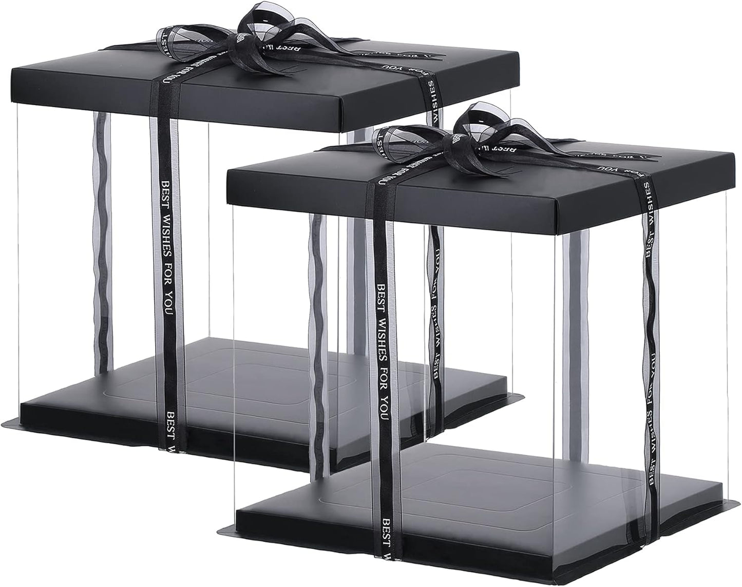 XININSUN 2Pcs Large Cake PET Clear Box, 10" X 10" X 9" with ribbon and pre-folded lid, for 8" cake packing carry, baking cookie display, Carry Tall Layer Gift, Festive Gift Box -White