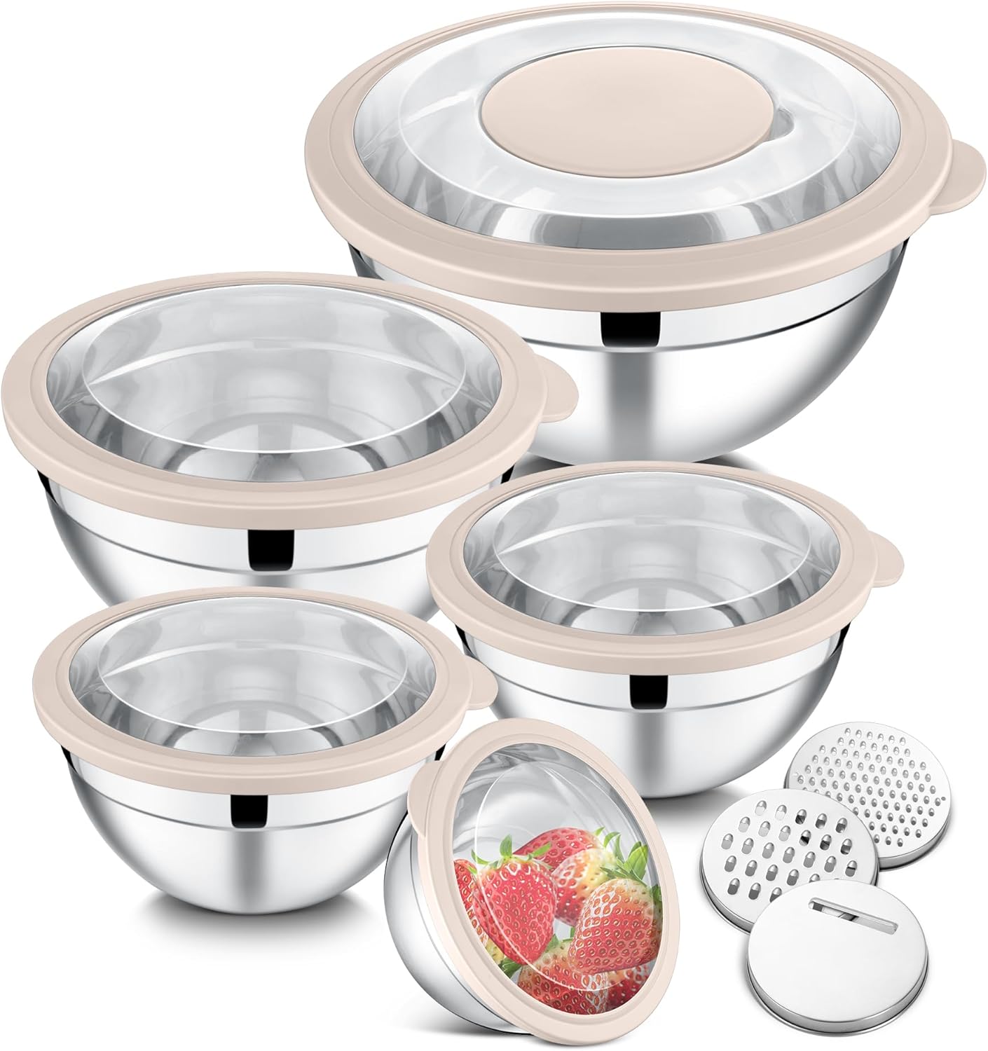 E-far Mixing Bowls Set of 5, Stainless Steel Salad Mixing Bowl with Transparent Lid, Metal Nesting Bowl Attach with 3 Graters for Kitchen Prepping/Serving/Baking/Storage, 4.6/2.6/1.5/1/0.7 QT - Black