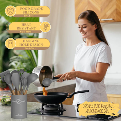 Silicone Kitchen Cooking Utensil Set, 9Pcs Kitchen Utensils Spatula Set with Wooden Handle for Nonstick Cookware, 446°F Heat Resistant Silicone Kitchen Gadgets Utensil Set with Large Holder（Grey）