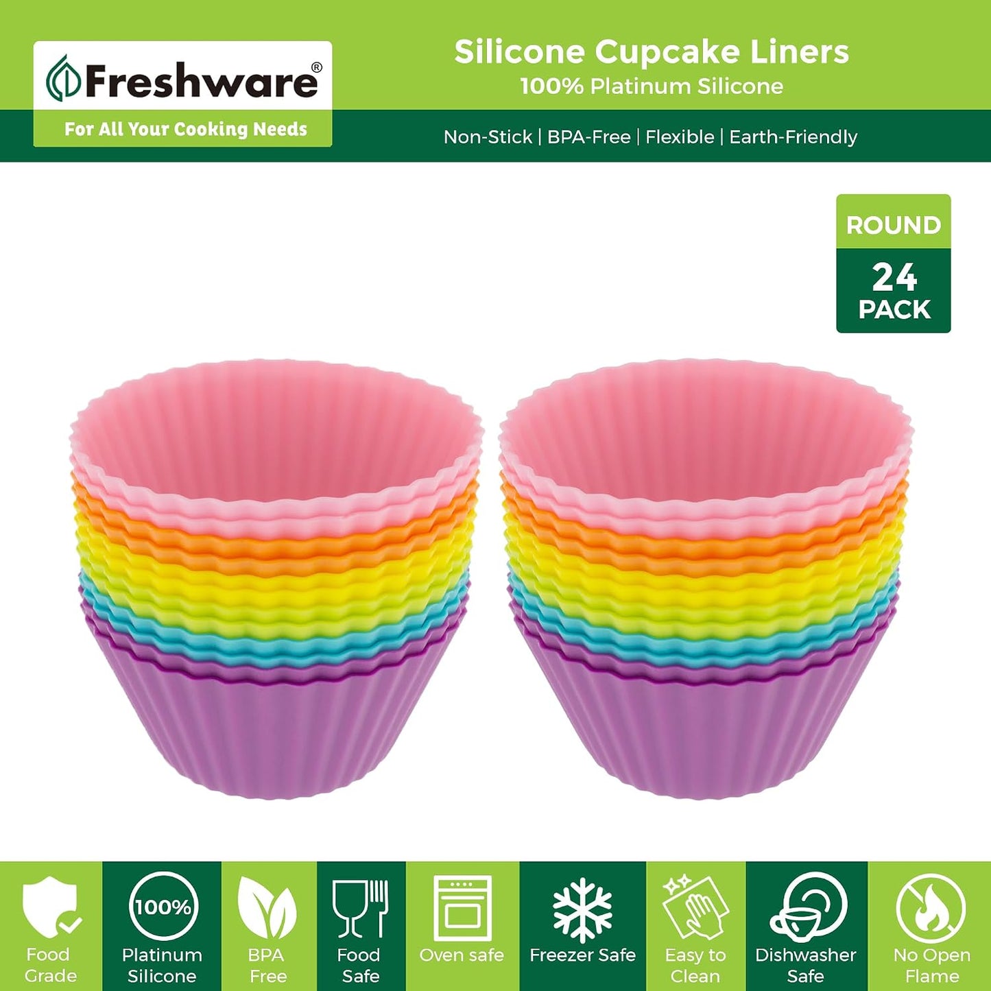 Freshware Cupcake Liners, Pack of 12 Silicone Muffin Cups, Baking Cups, Reusable & Non-stick Cupcake Liners for Party Halloween Christmas, Round