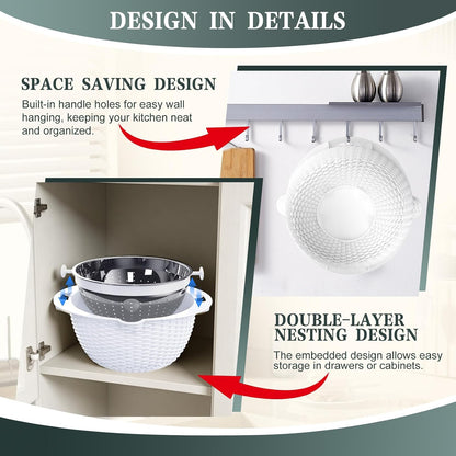 4-in-1 Colander with Bowl Set — Patented 360° Rotatable Strainer Bowl with 3 Graters, Snap-On Lid & Non-Slip Base, Funny Kitchen Present for Women, Aesthetic Pasta Fruit Vegetable Strainer (Beige)