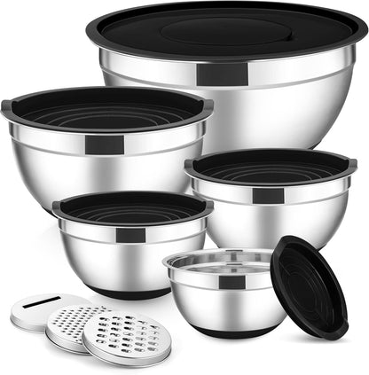 E-far Stainless Steel Mixing Bowls with Lids Set, 5-Piece Nesting Salad Bowls with 3 Grater Attachments and Non-Slip Bottoms, Size 4.6, 2.6, 2, 1.5, 1QT for Kitchen (Khaki)