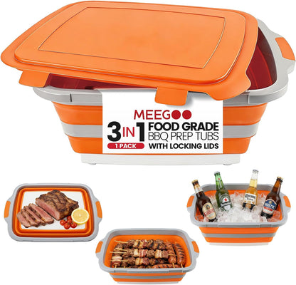 BBQ Prep Tub 3-IN-1 Large 16L Collapsible Cutting Board with Locking Lid for Meal Prep Marinating Food, Camping Sink with Colander, Dish Basin, Storage Blanket for Camping Picnic BBQ, Black