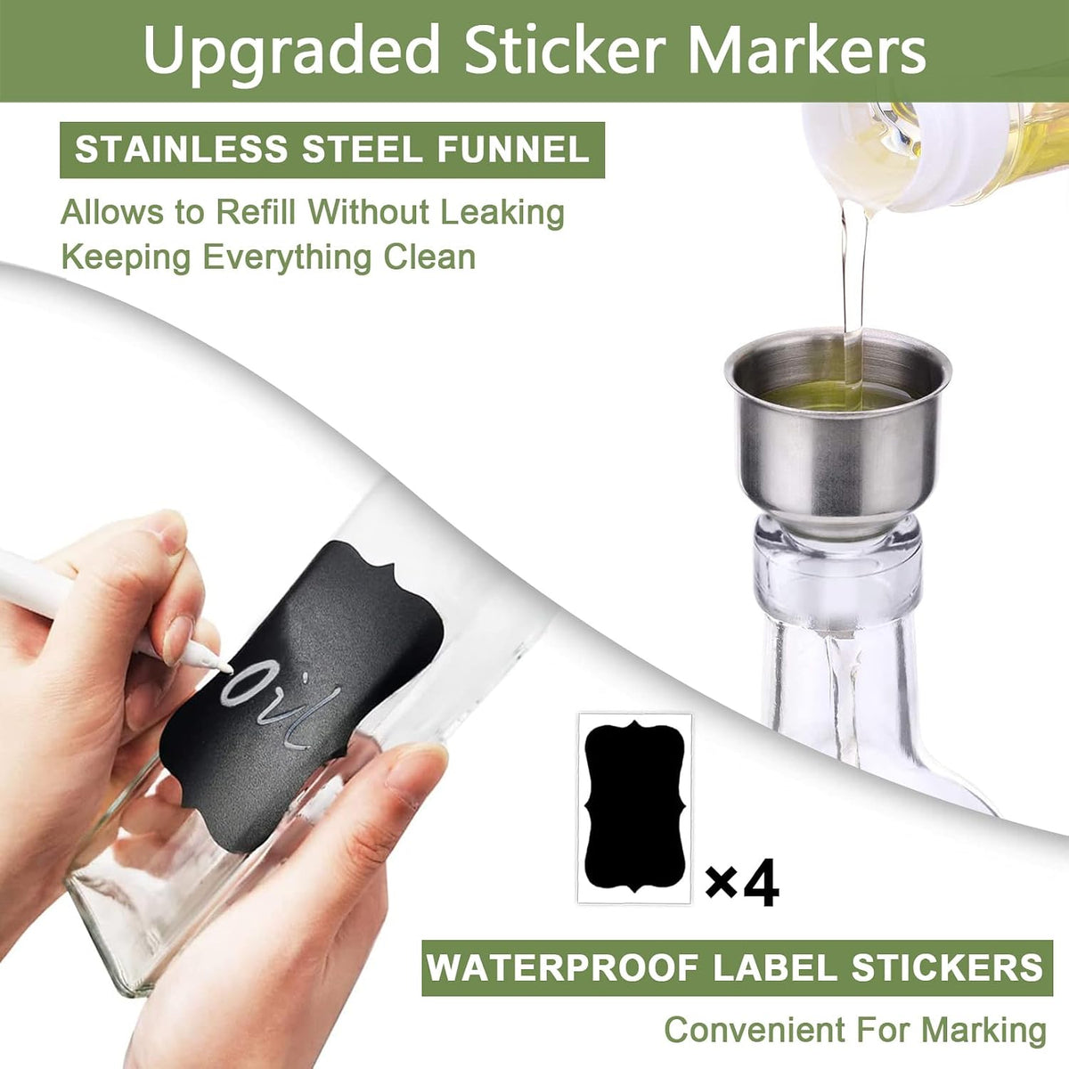 Leaflai Olive Oil Dispenser Bottle, Glass Olive Oil Dispenser and Vinegar Dispenser Set with Stainless Steel Pourers, 4 Labels,1 Brush and 1 Funnel Oil Bottles for Kitchen (500ml)